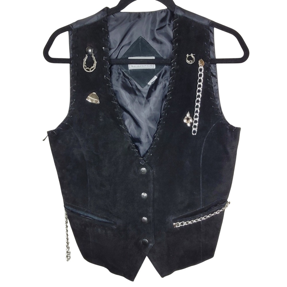 Vintage Black Suede Leather Western Vest Women's Sz S Custom Charms Steampunk
